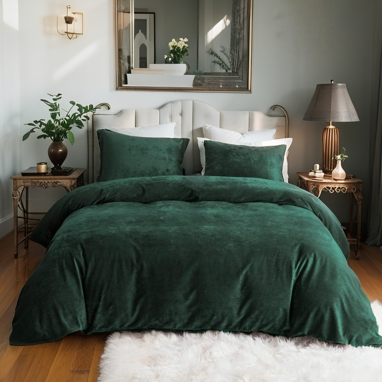 JOLUSERE Dark Green Velvet Duvet Cover King Set, 3-Piece Ultra Soft Fluffy Flannel Winter Bedding Cover
