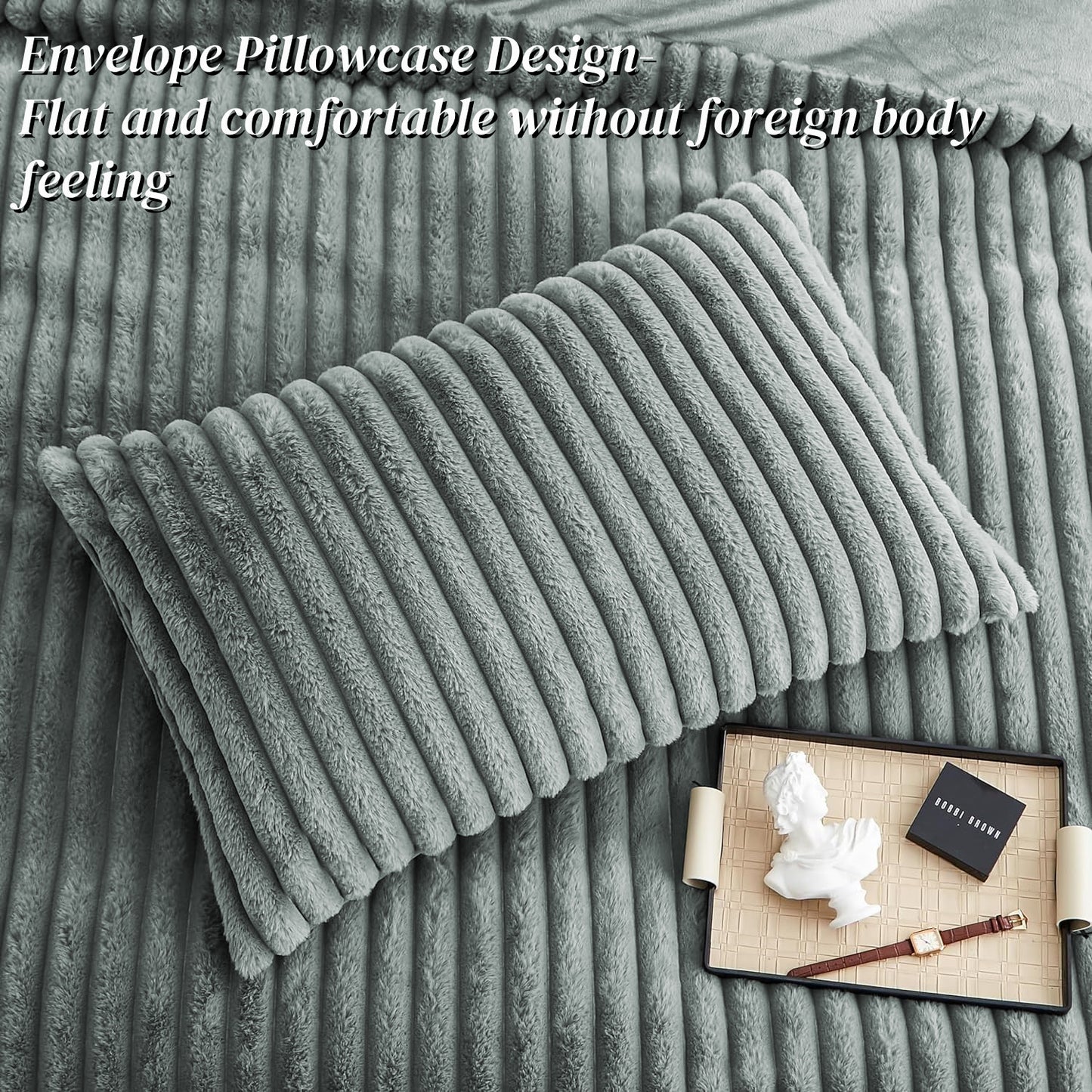 JOLUSERE Dark Gray Fluffy Striped Duvet Cover King Set, 3-Piece Super Soft Faux Rabbit Fur Winter Warm Fuzzy Comforter Cover