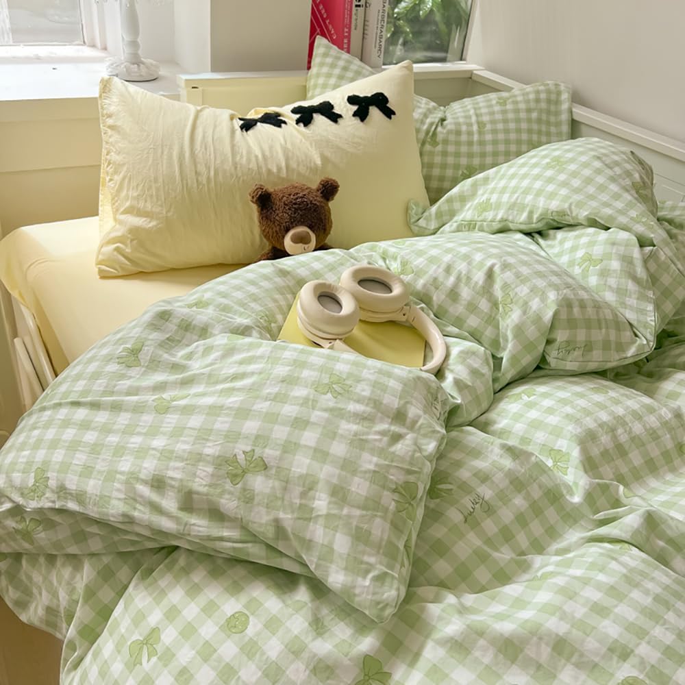JOLUSERE 2-Piece Green White Plaid Bows Comforter Twin Set , Soft Fresh Bedding Set for Kids Adults