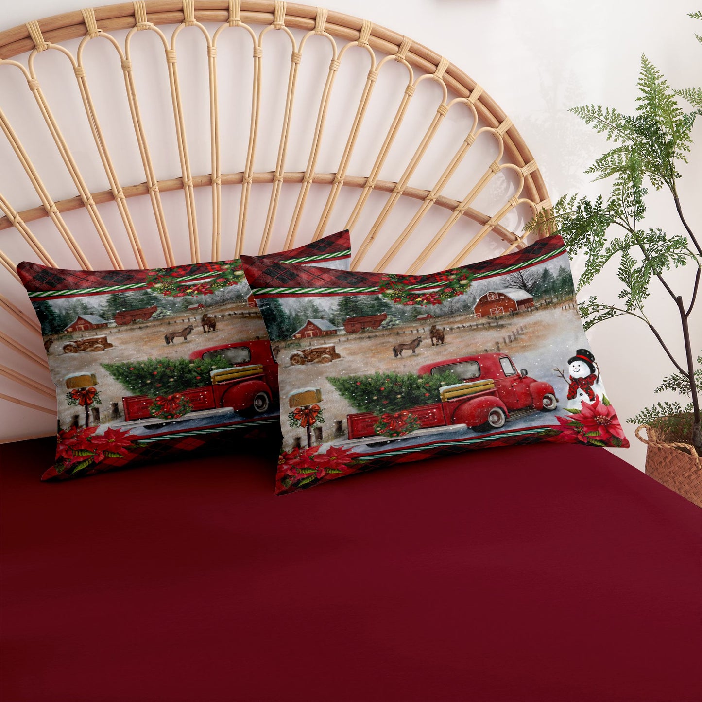 JOLUSERE Christmas Comforter King Set,3 Pcs Red Truck Christmas Pine Tree Farmhouse Village Country Style Bedding Set for All Season