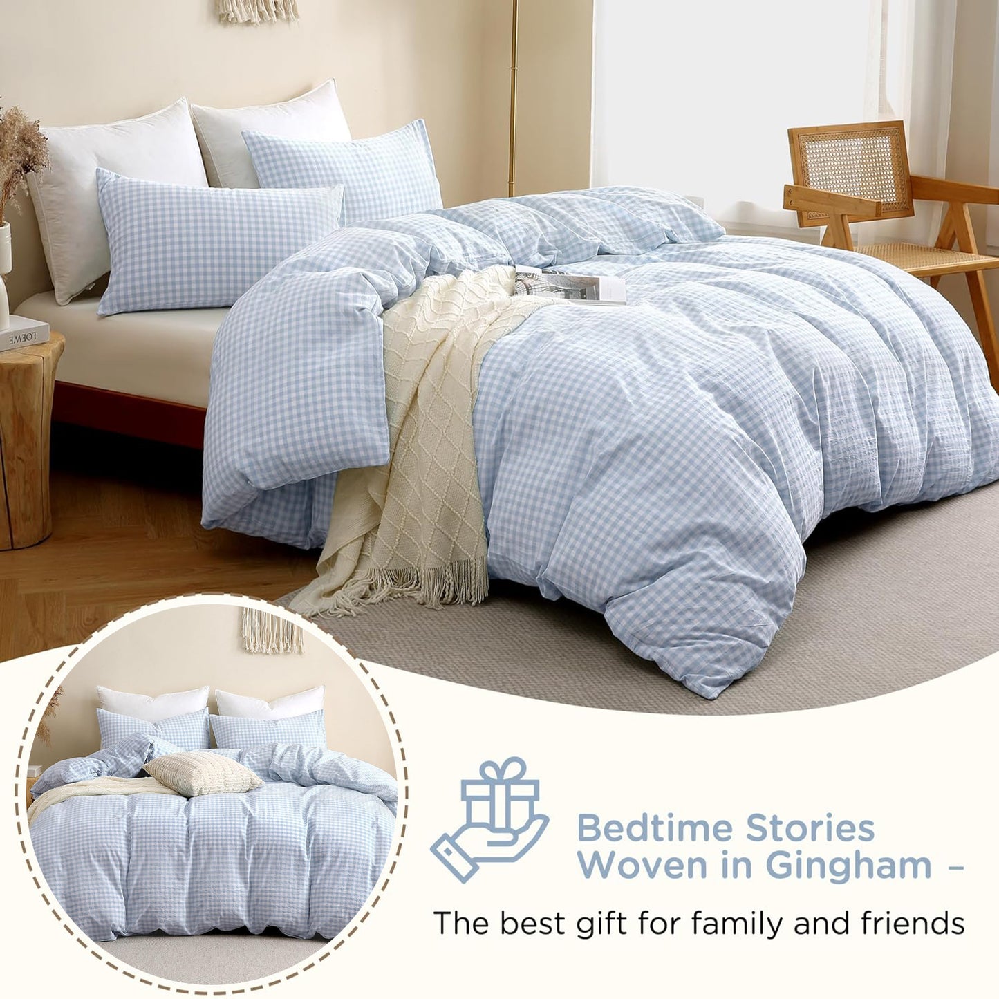 JOLUSERE 3-Piece Soft Breathable Gingham Duvet Cover Queen Set，Blue White Plaid Checkered Bedding Cover
