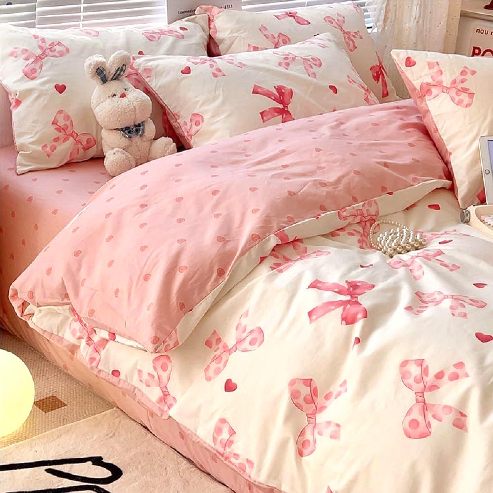 Jolusere Pink Bowknot Girls Comforter Set Twin Size, 3 Pieces Bows Princess Style Bedding Set for Kids Girls