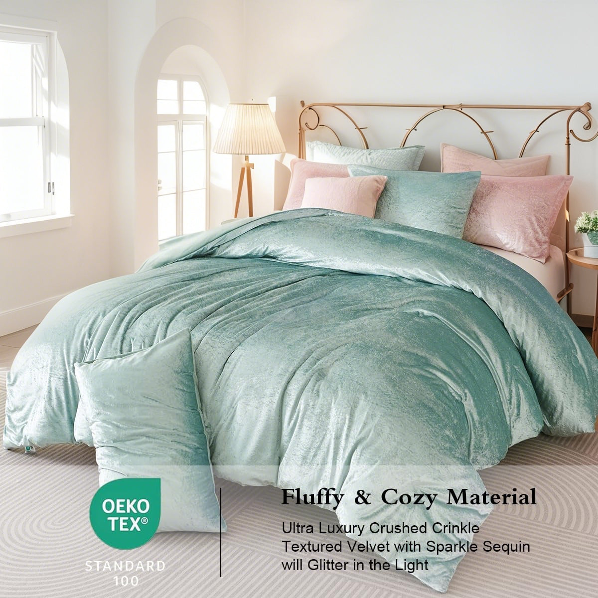 JOLUSERE Cozy Velvet Comforter King Set，Luxury 3-Piece Winter Fluffy Shiny Flannel Warm Reversible Comforter Set, Glossy Green