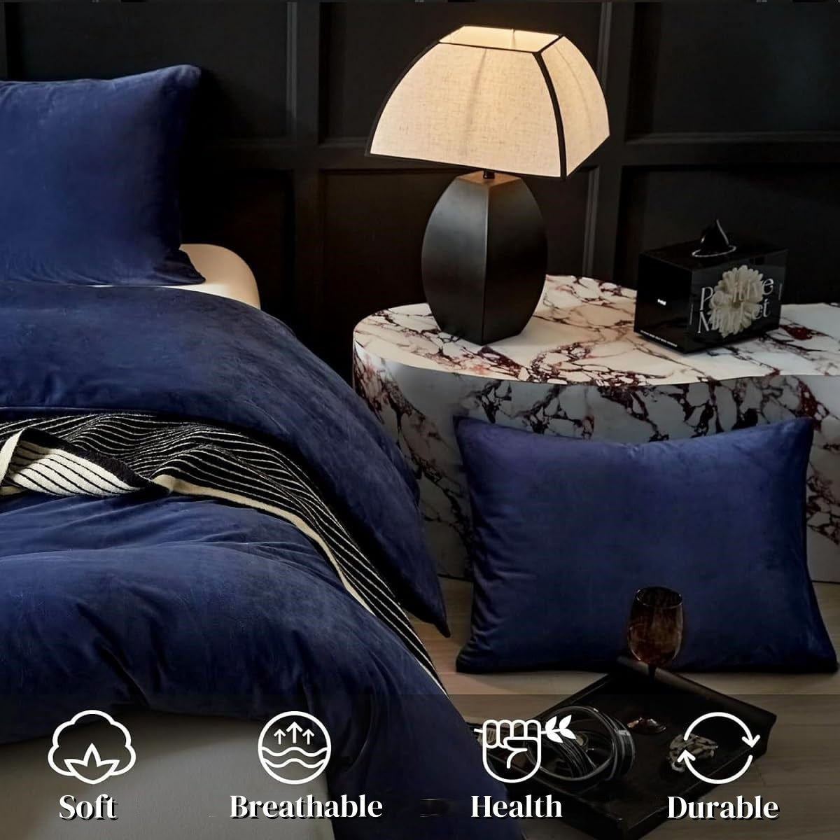 JOLUSERE Navy Blue Velvet Duvet Cover Queen Set, 3-Piece Ultra Soft Fluffy Flannel Winter Bedding Cover