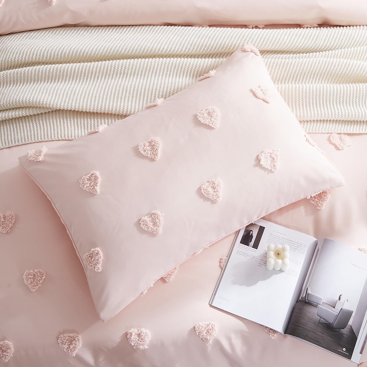 JOLUSERE Pink Tufted Heart Dot Duvet Cover King Set, 3 Pieces Ultra Soft Jacquard Embroidery Shabby Chic Bedding Set for All Season