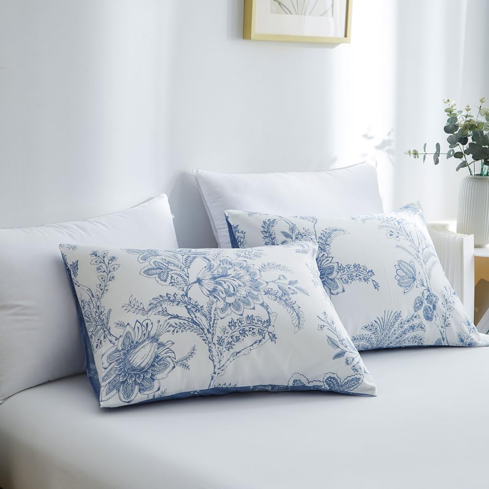 JOLUSERE Blue White Floral Leaves Queen Comforter Set, 3 Pieces Botanical Plants Reversible Bedding Set for Adults