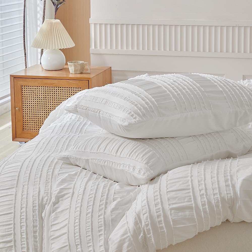 JOLUSERE White Duvet Cover Queen Sets, 3 Pieces Soft Breathable Striped Textured Comforter Cover Set