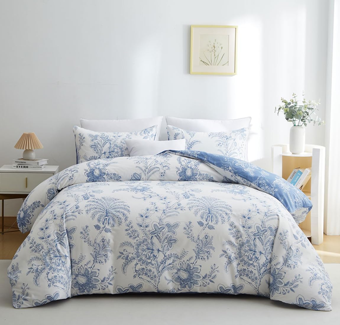 JOLUSERE Blue White Floral Leaves Queen Comforter Set, 3 Pieces Botanical Plants Reversible Bedding Set for Adults