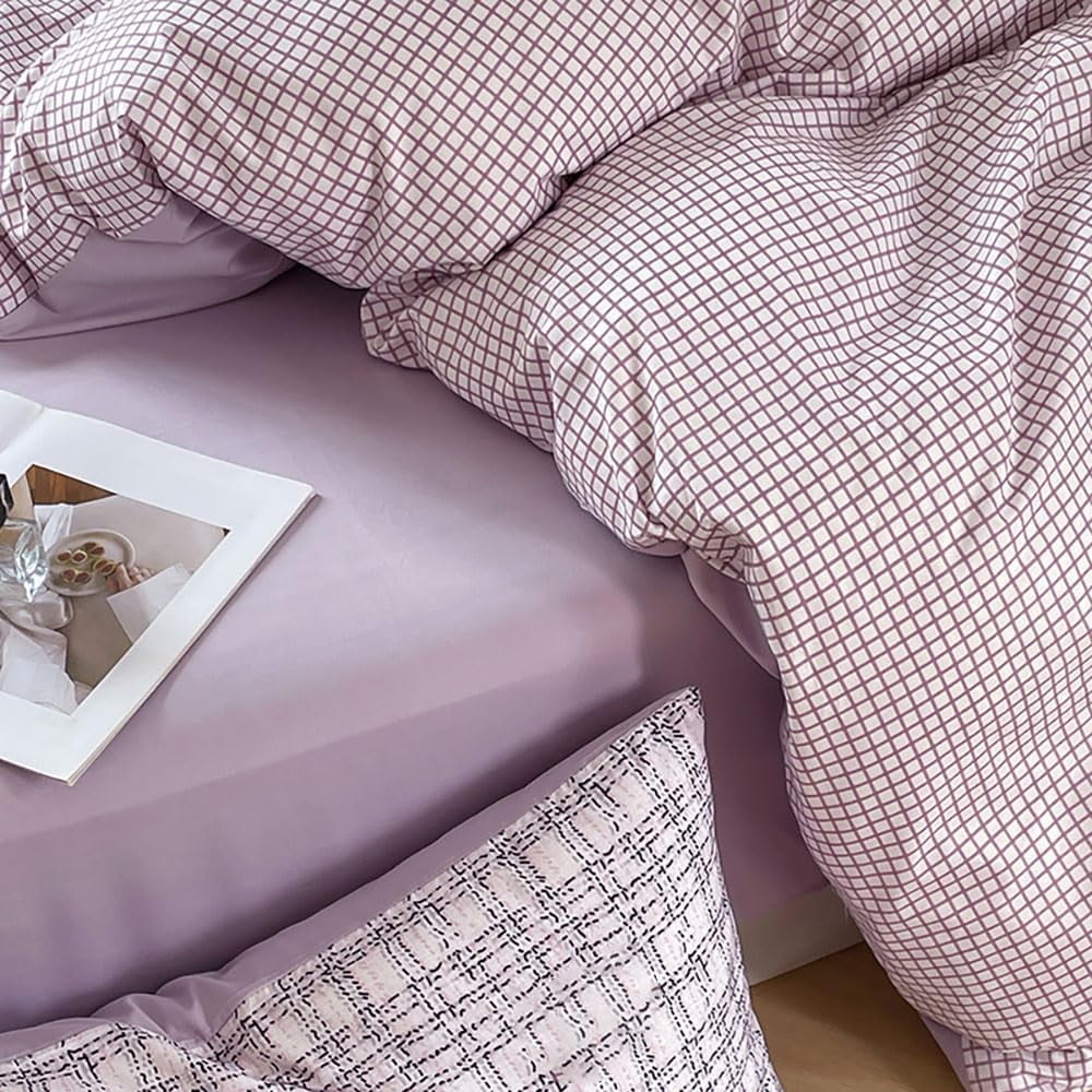 JOLUSERE 2-Piece Soft Breathable Gingham Duvet Cover Twin Set，Purple White Plaid Checkered Comforter Cover