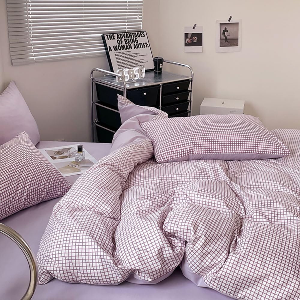 JOLUSERE 2-Piece Soft Breathable Gingham Duvet Cover Twin Set，Purple White Plaid Checkered Comforter Cover