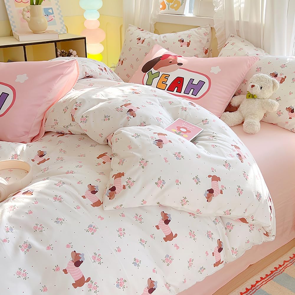 JOLUSERE 2-Piece Pink White Flowers Dachshund Comforter Twin Set , Soft Pink Dachshund Bedding Set for Kids Adults