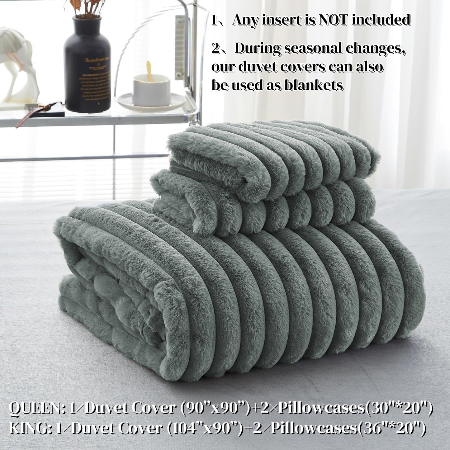 JOLUSERE Dark Gray Fluffy Striped Duvet Cover Queen Set, 3-Piece Super Soft Faux Rabbit Fur Winter Warm Fuzzy Comforter Cover