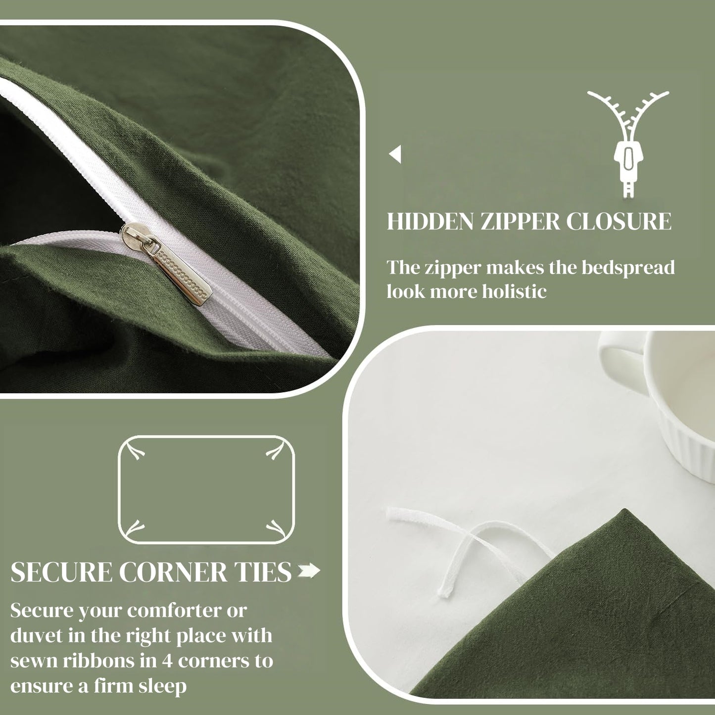 JOLUSERE 100% Organic Yarn-Dyed Cotton Duvet Cover Queen Set, 3 Pieces Cotton Bedding Duvet Cover,Ultra Soft & Fade Resistant,Forest Green