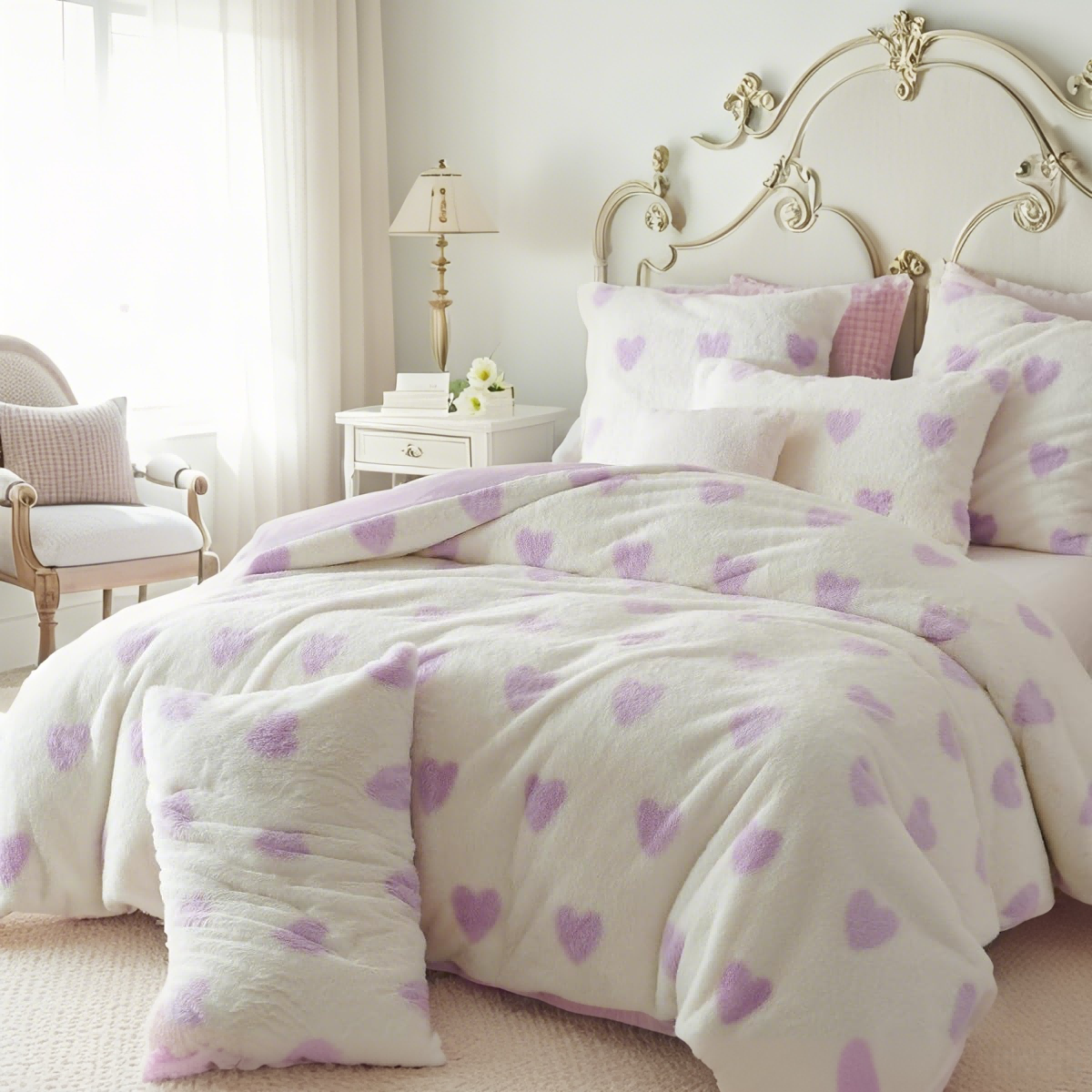 JOLUSERE Fluffy Flannel Duvet Cover Twin Set, 2-Piece Faux Rabbit Fur Luxury Cozy Warm Winter Bedding Set,Purple Heart White