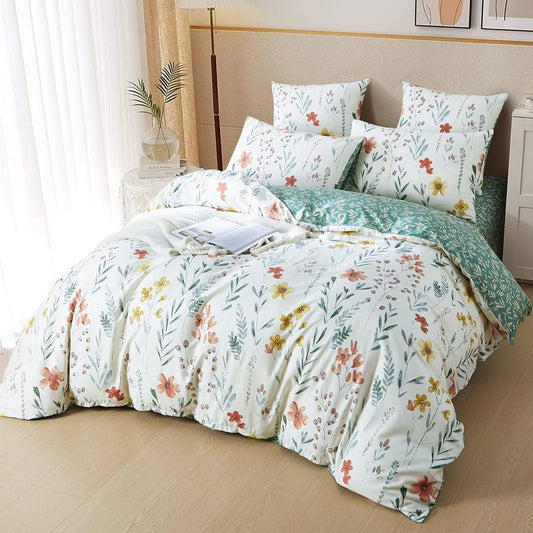 JOLUSERE 3 Pieces Green Botanical Leaf Yellow Flowers Printed on White Microfiber Reversible Bedding Set,Queen Size