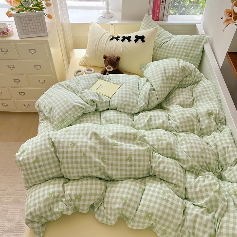 JOLUSERE 2-Piece Green White Plaid Bows Comforter Twin Set , Soft Fresh Bedding Set for Kids Adults