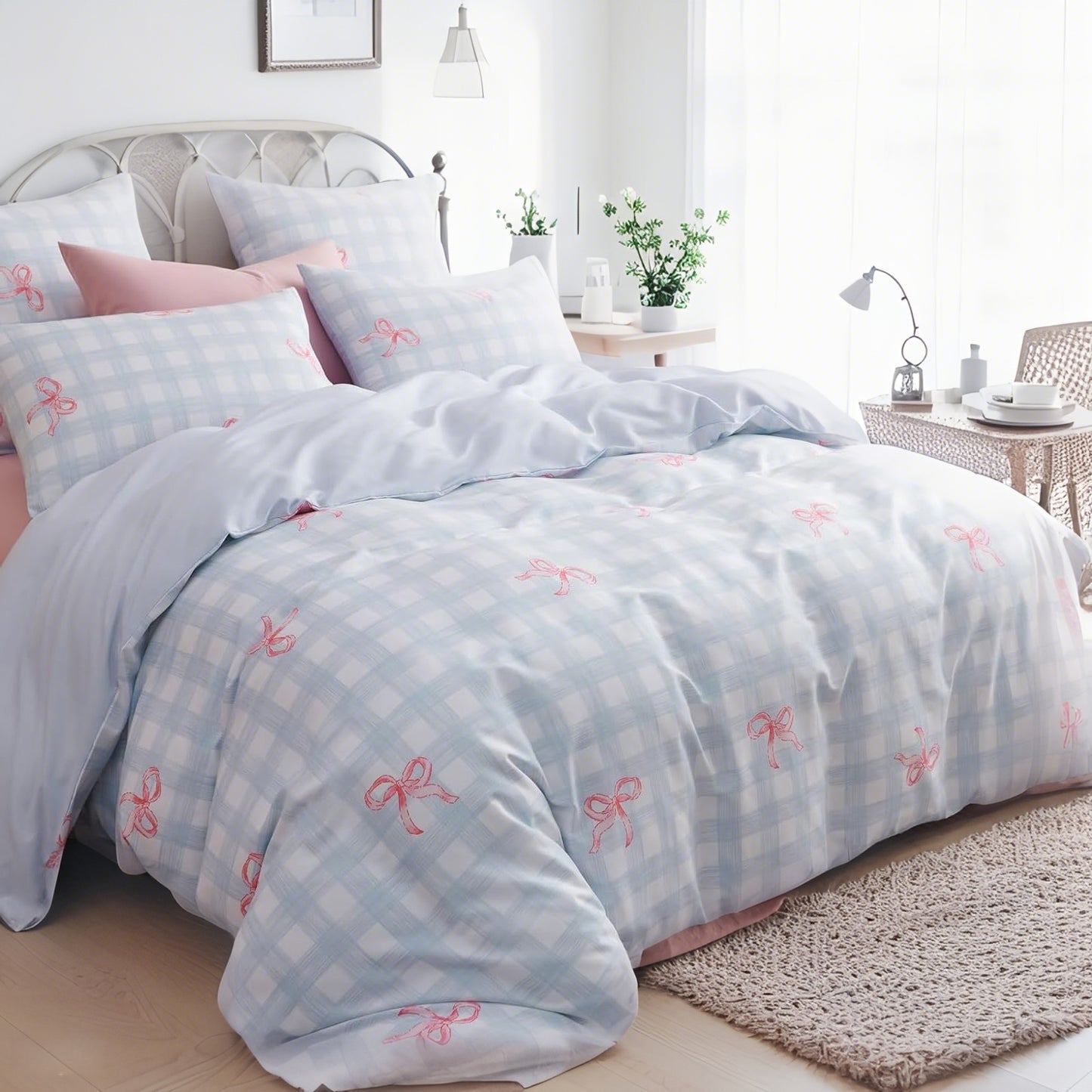 JOLUSERE 3-Piece Blue Gingham Pink Bow Comforter Queen Set , Soft Grid Dorm Bedding Set for Kids Adults