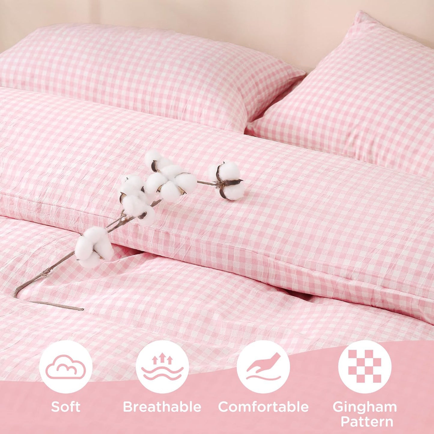 JOLUSERE 2-Piece Soft Breathable Gingham Duvet Cover Twin Set，Pink White Plaid Checkered Bedding Cover
