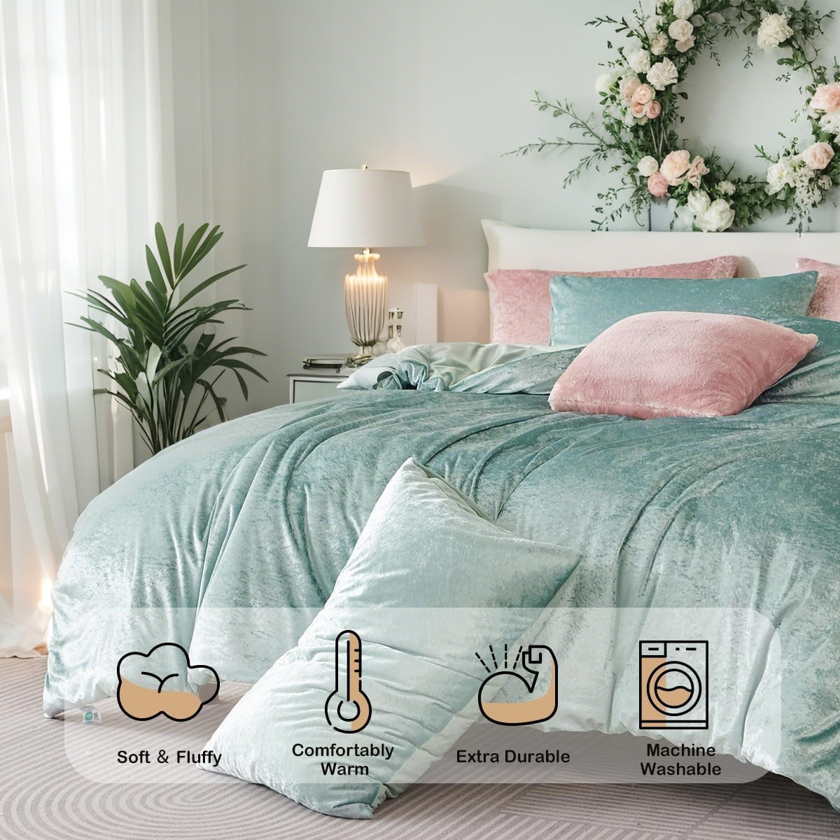 JOLUSERE Cozy Velvet Comforter Queen Set，Luxury 3-Piece Winter Fluffy Shiny Flannel Warm Reversible Comforter Set, Glossy Green
