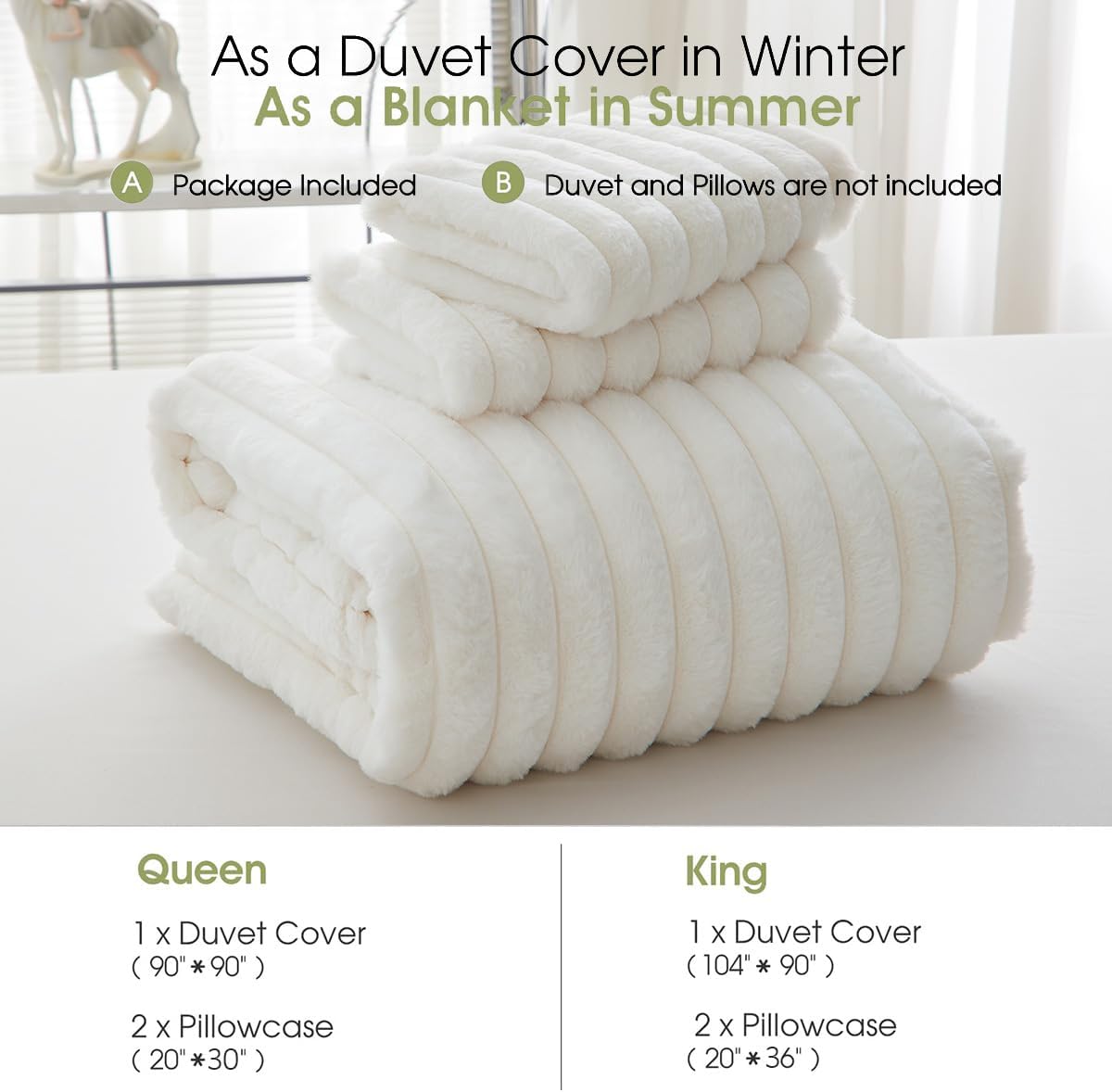 JOLUSERE Creamy White Fluffy Striped Duvet Cover King Set, 3-Piece Super Soft Faux Rabbit Fur Winter Warm Fuzzy Comforter Cover