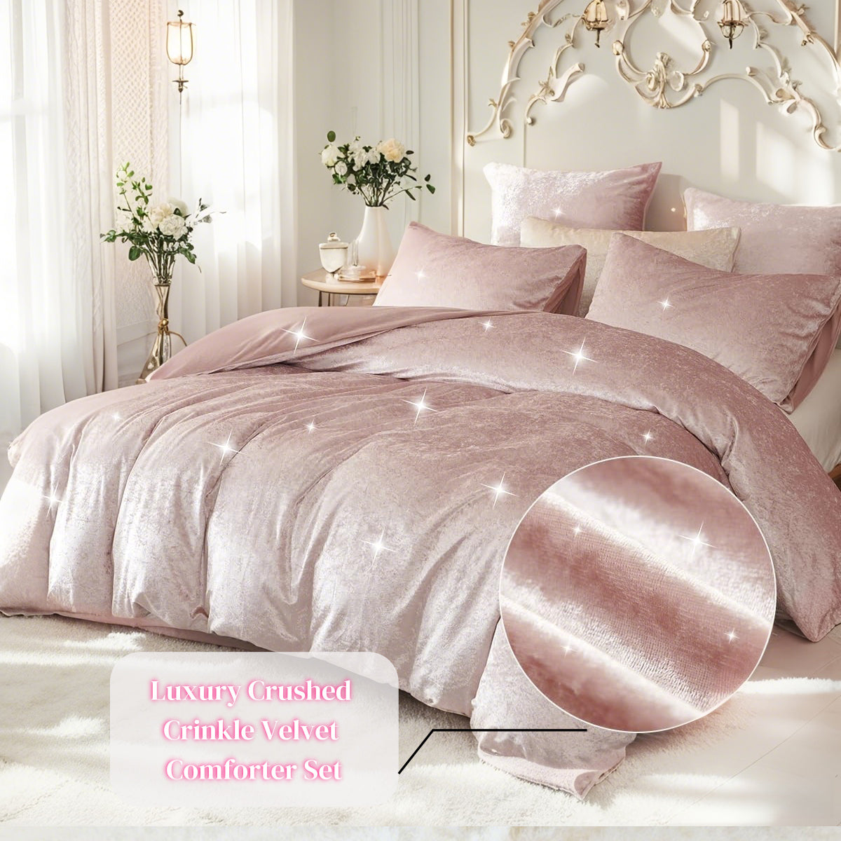 JOLUSERE Cozy Velvet Comforter King Set，Luxury 3-Piece Winter Fluffy Shiny Flannel Warm Reversible Comforter Set, Shiny Pink