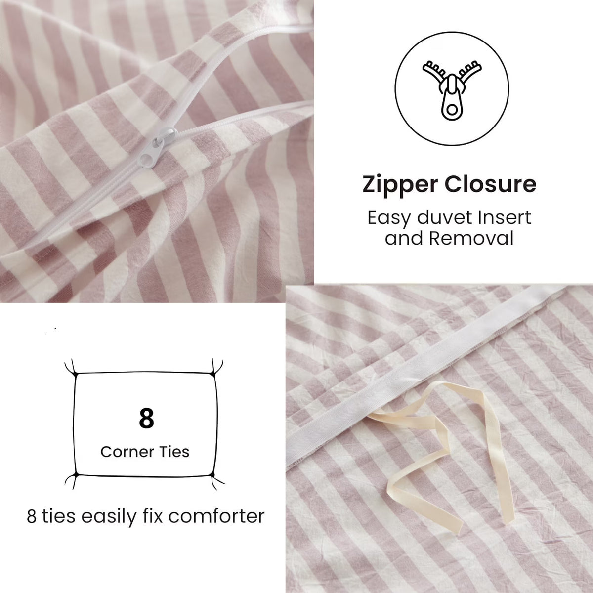JOLUSERE 100% Cotton Striped Duvet Cover Full Set, 3-Piece Linen Like Textured Breathable Comforter Cover(Greyish Pink& White Classic Stripes)