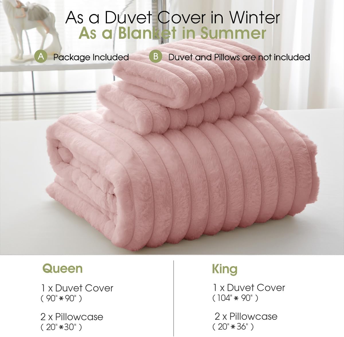 JOLUSERE Soft Pink Fluffy Striped Duvet Cover Queen Set, 3-Piece Super Soft Faux Rabbit Fur Winter Warm Fuzzy Comforter Cover