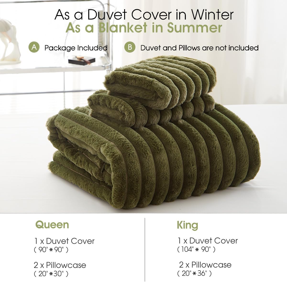JOLUSERE Olive Green Fluffy Striped Duvet Cover King Set, 3-Piece Super Soft Faux Rabbit Fur Winter Warm Fuzzy Comforter Cover