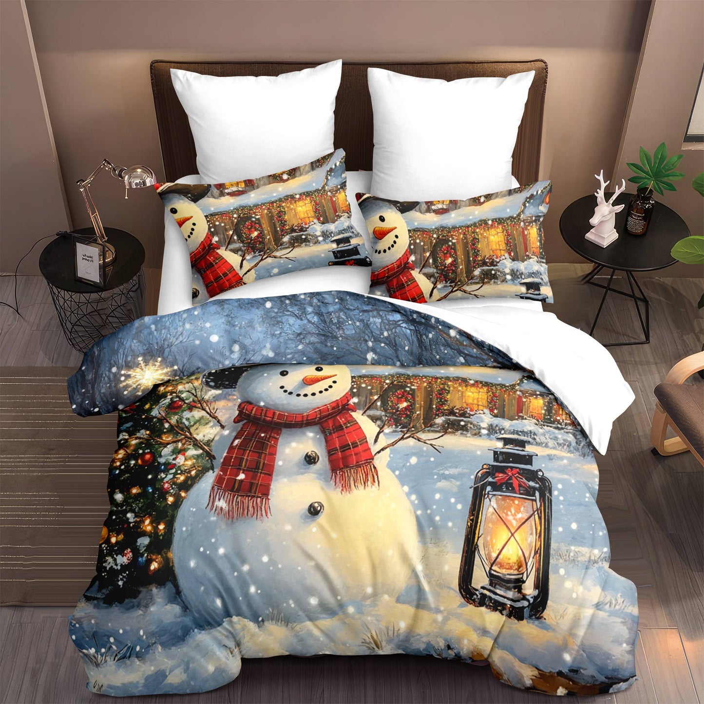 JOLUSERE Christmas Comforter Twin Set,2 Pcs Snowman Christmas Pine Tree Farmhouse Village Bedding Set for All Season