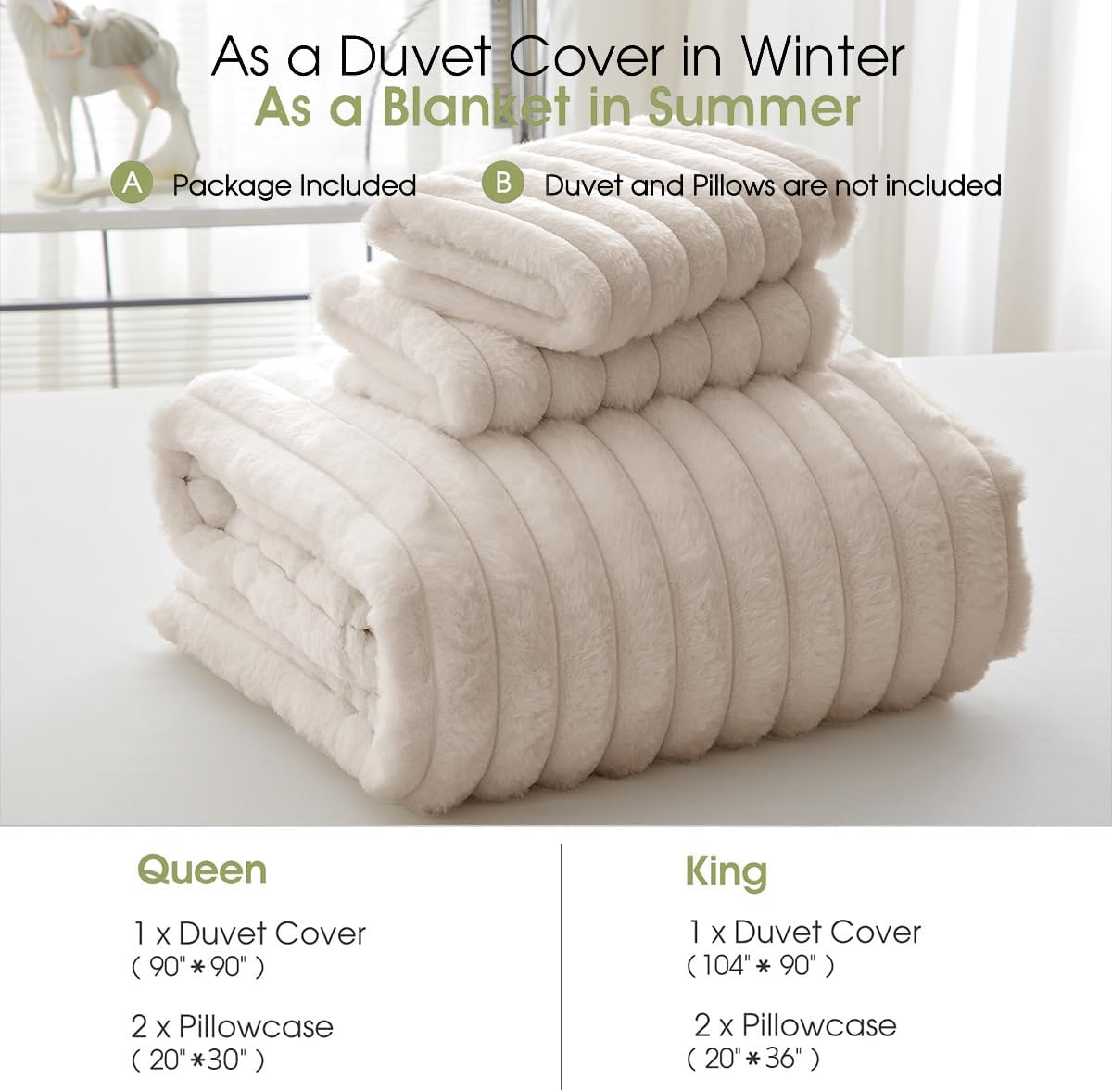 JOLUSERE Beige Fluffy Striped Duvet Cover King Set, 3-Piece Super Soft Faux Rabbit Fur Winter Warm Fuzzy Comforter Cover