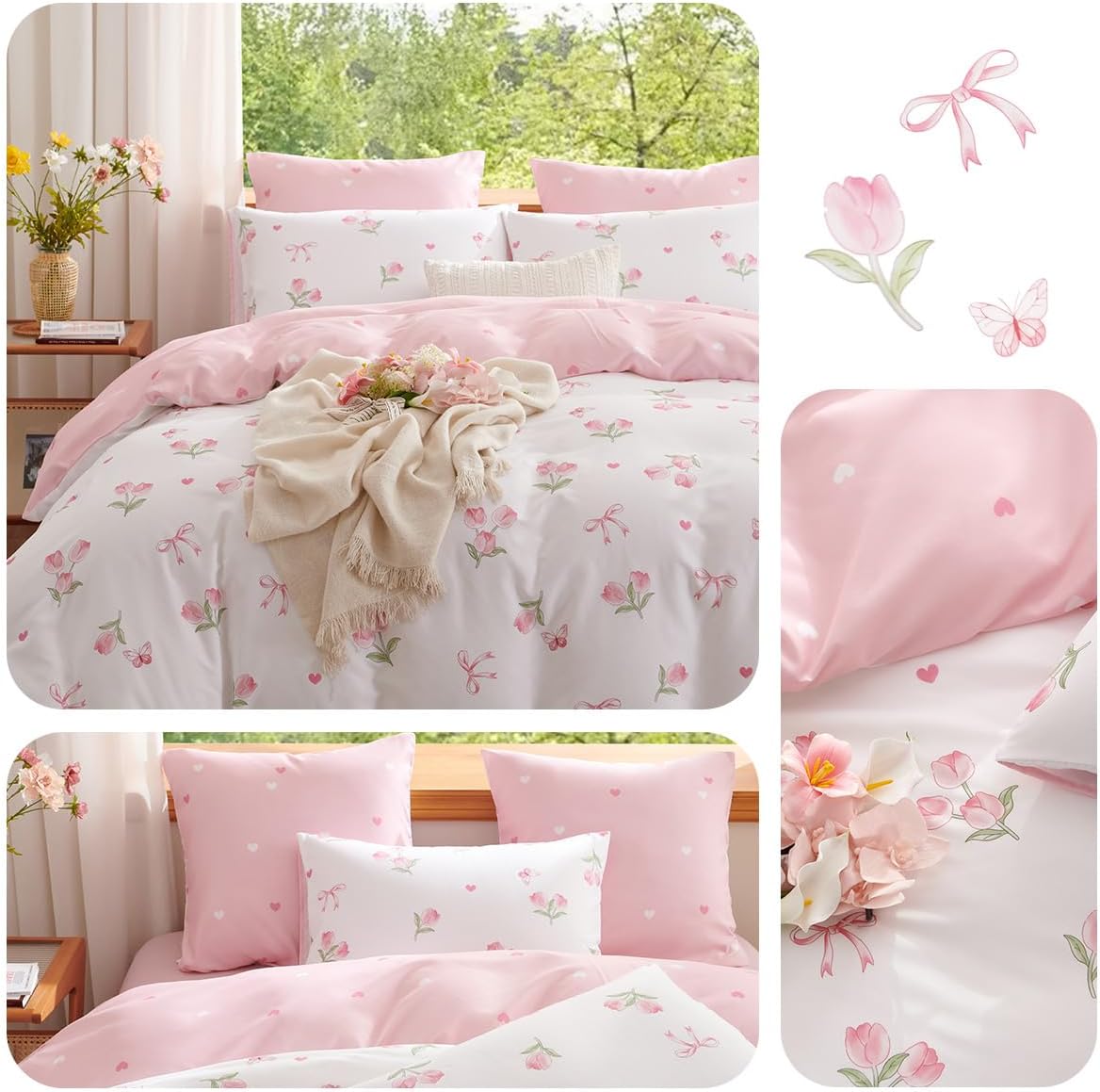 JOLUSERE Pink Tulip Queen Comforter Set, 3-Piece Pink Flowers Reversible Soft Bedding Set or Adults All Season