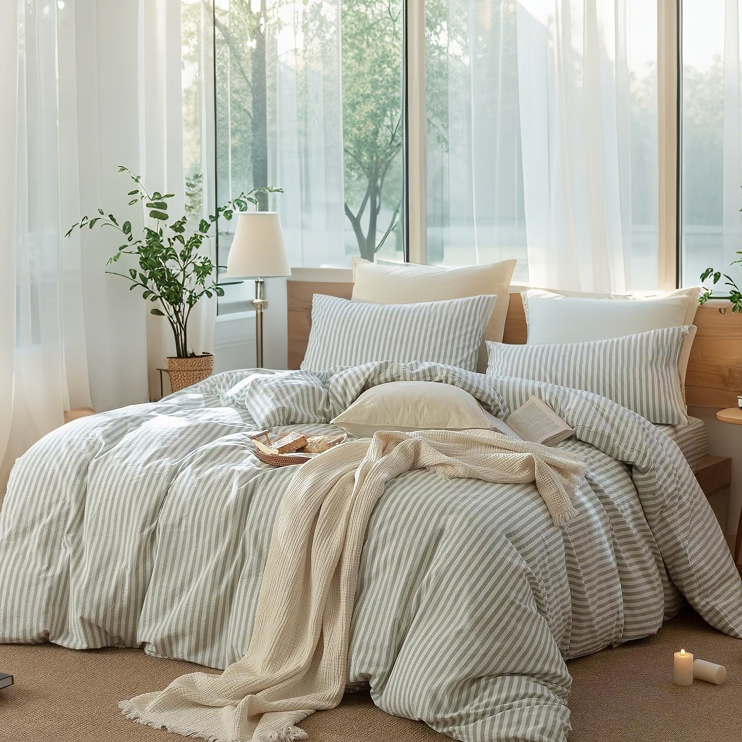 JOLUSERE 100% Organic Cotton Striped Duvet Cover King Set, 3-Piece Linen Like Textured Breathable Bedding Cover(Sage Green& White Classic Stripes)