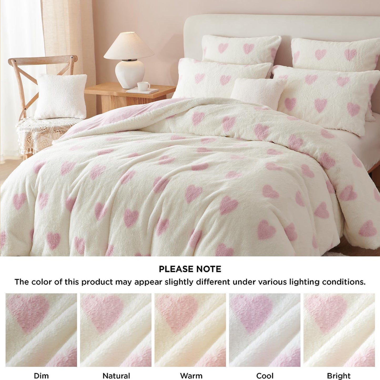 JOLUSERE Fluffy Flannel Duvet Cover Full Set, 3-Piece Faux Rabbit Fur Luxury Cozy Warm Winter Bedding Set,Pink Heart White