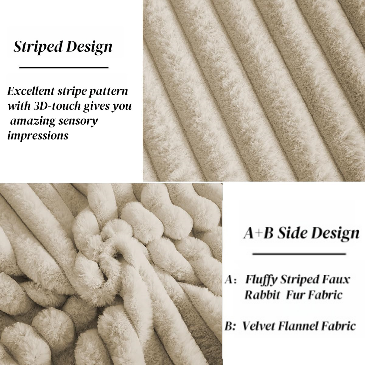 JOLUSERE Beige Fluffy Striped Duvet Cover Queen Set, 3-Piece Super Soft Faux Rabbit Fur Winter Warm Fuzzy Comforter Cover