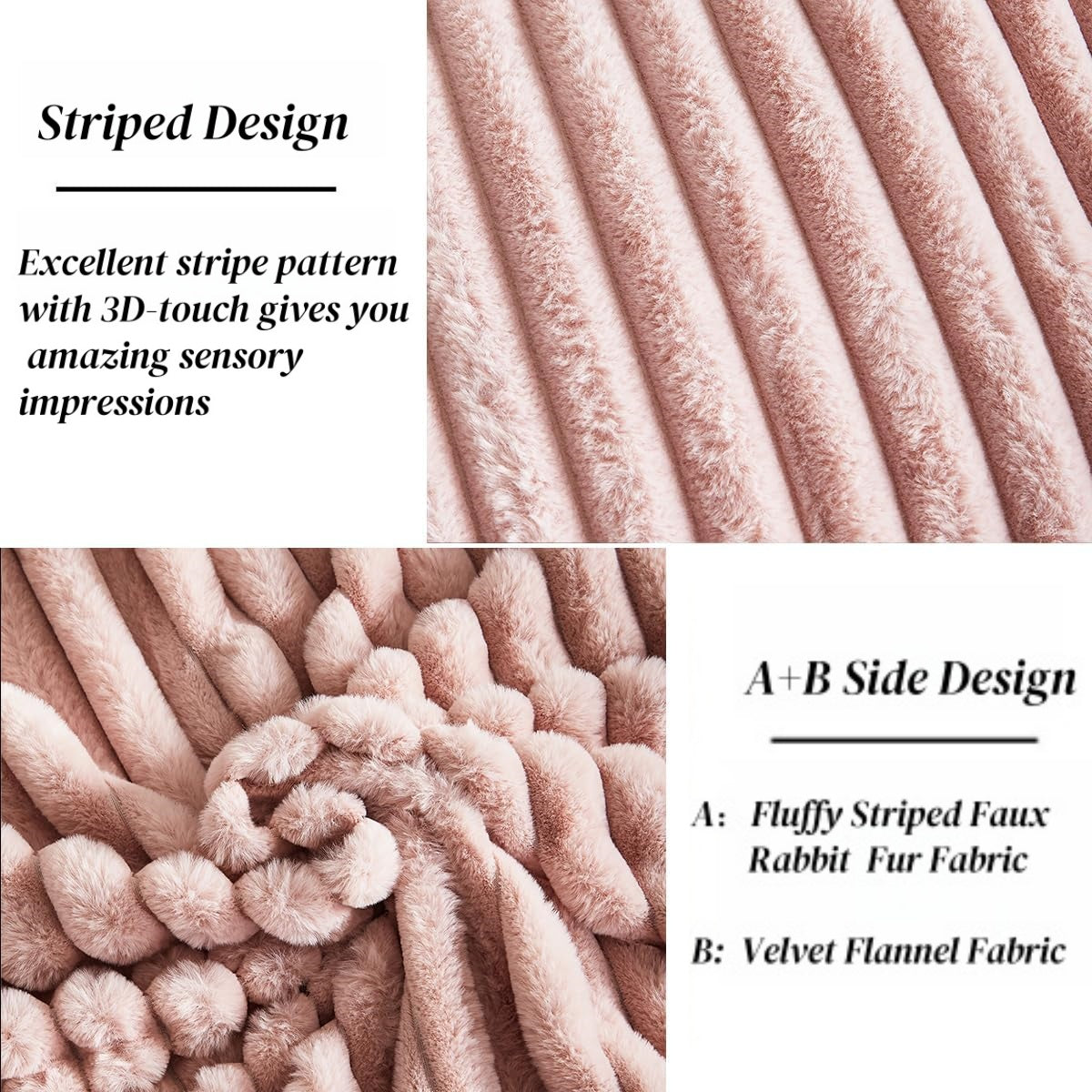 JOLUSERE Soft Pink Fluffy Striped Duvet Cover King Set, 3-Piece Super Soft Faux Rabbit Fur Winter Warm Fuzzy Comforter Cover