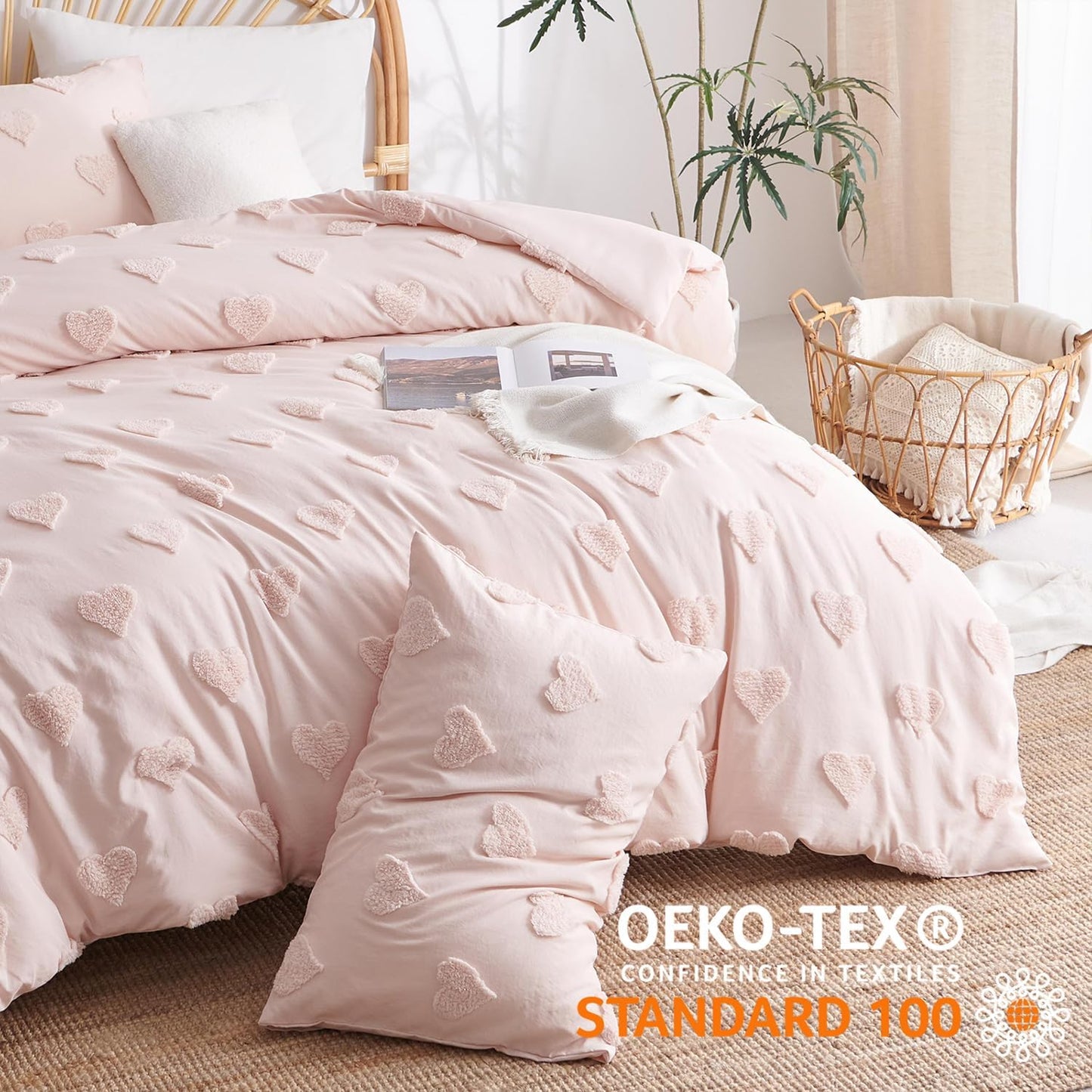 JOLUSERE Pink Tufted Heart Dot Duvet Cover Queen Set, 3 Pieces Ultra Soft Jacquard Embroidery Shabby Chic Bedding Set for All Season