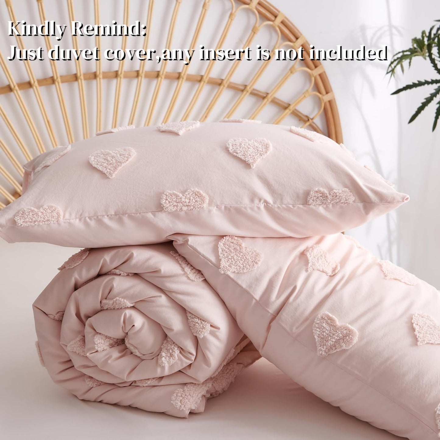 JOLUSERE Pink Tufted Heart Dot Duvet Cover Queen Set, 3 Pieces Ultra Soft Jacquard Embroidery Shabby Chic Bedding Set for All Season