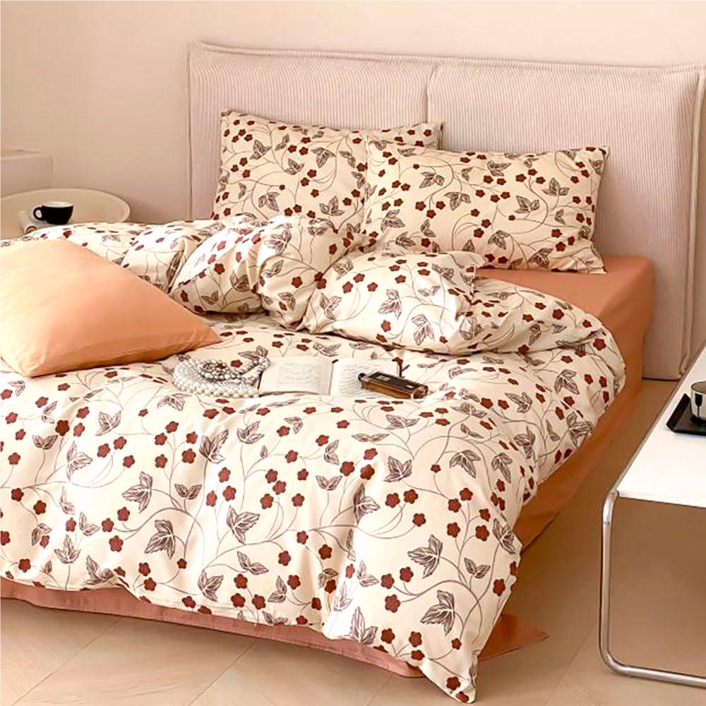 Jolusere Red Flowers Queen Comforter Sets, 3 Pieces Chic Garden Style Bedding Sets for Adults All Season