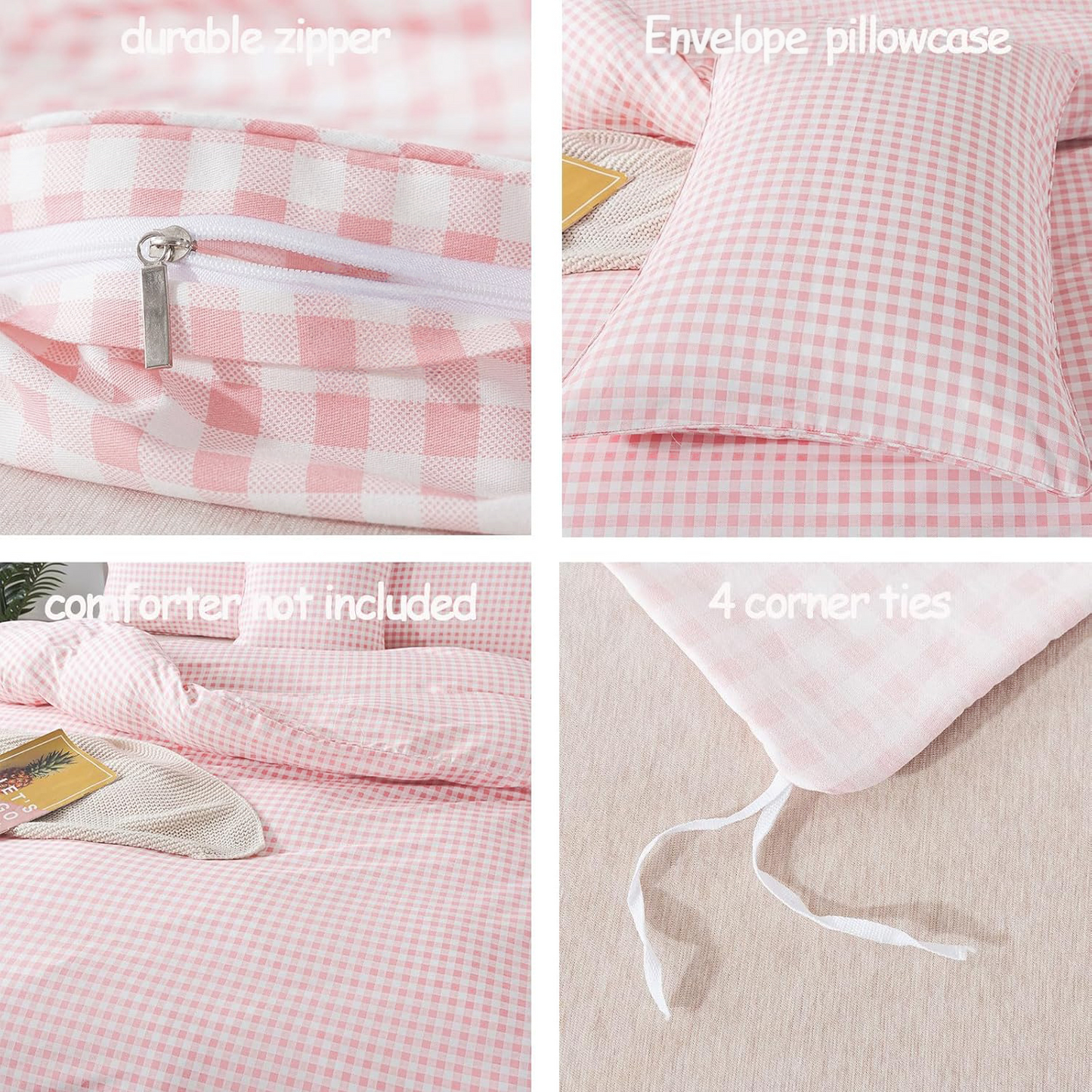 JOLUSERE 3-Piece Soft Breathable Gingham Duvet Cover Queen Set，Pink White Plaid Checkered Bedding Cover