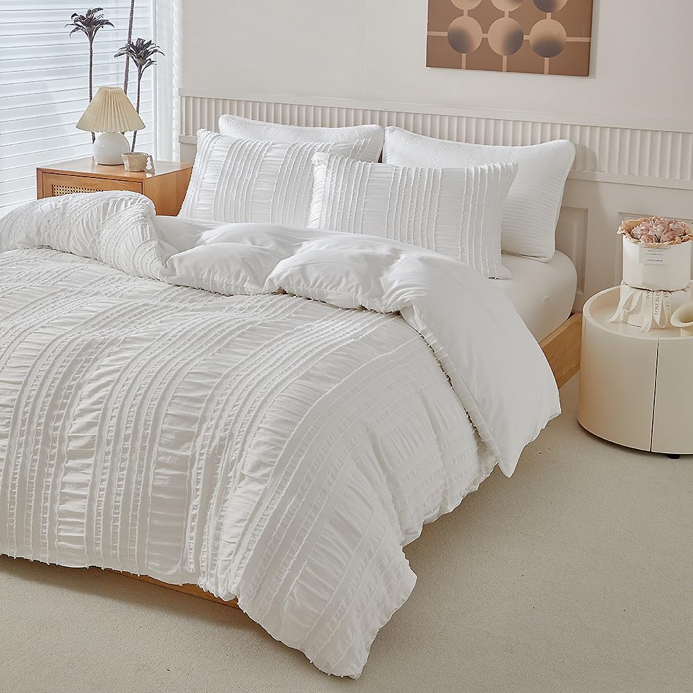 JOLUSERE White Duvet Cover Queen Sets, 3 Pieces Soft Breathable Striped Textured Comforter Cover Set