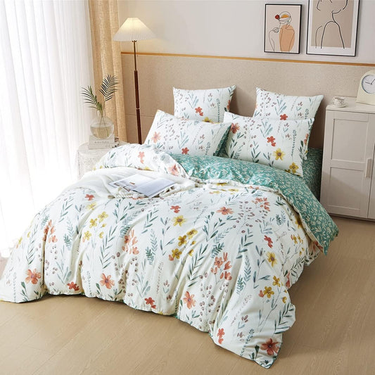 JOLUSERE 3 Pieces Green Botanical Leaf Yellow Flowers Printed on White Microfiber Reversible Bedding Set,King Size