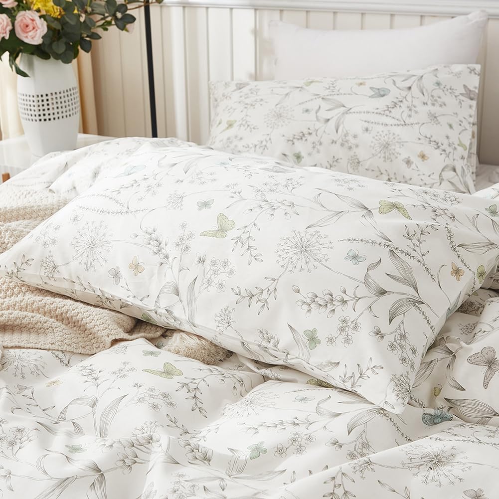 JOLUSERE 100% Cotton Duvet Cover White Floral Duvet Cover Set with Colorful Butterfly Pattern Twin Size,Pearl White