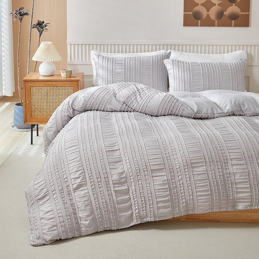 JOLUSERE Light Gray Duvet Cover King Sets, 3 Pieces Soft Breathable Striped Textured Comforter Cover Set