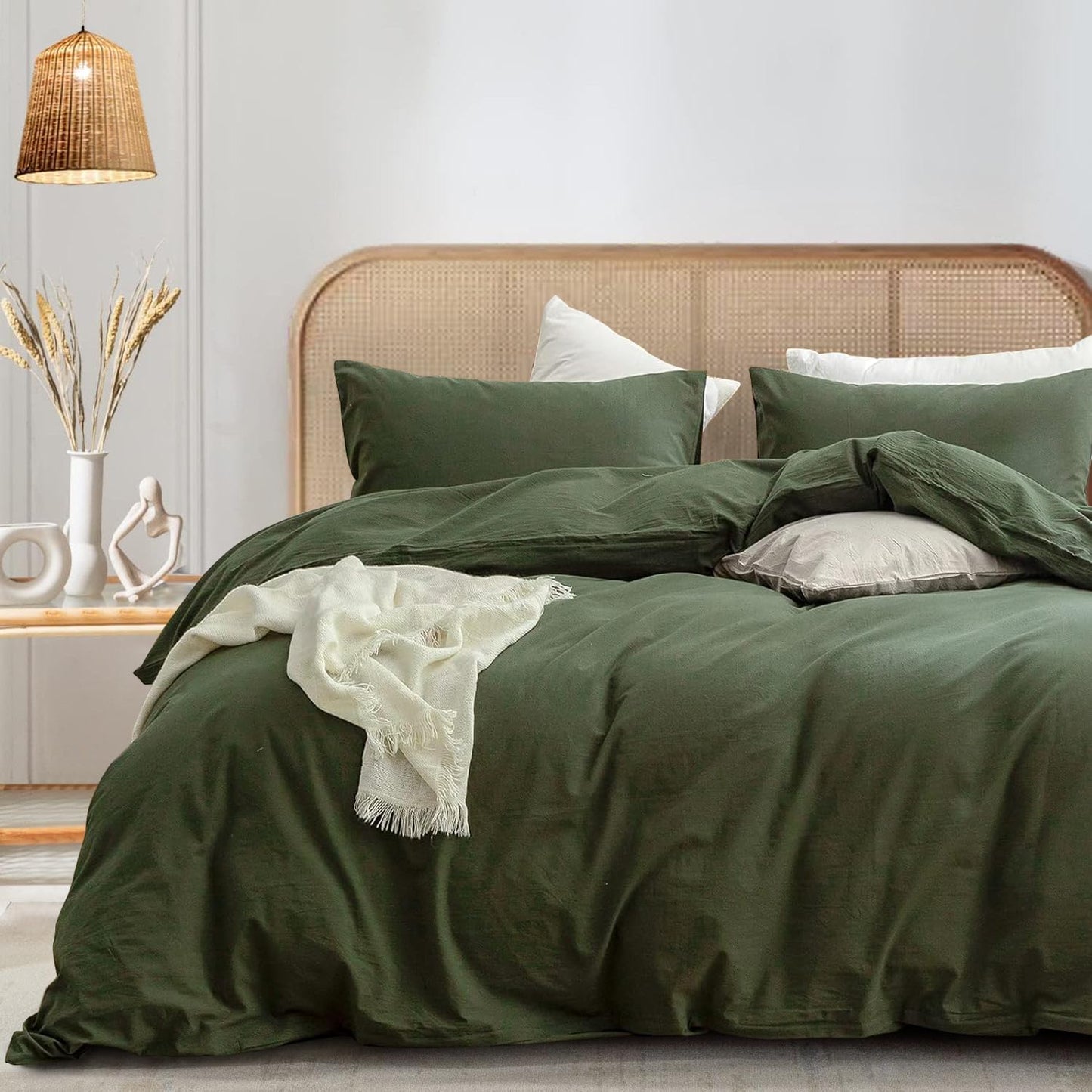 JOLUSERE 100% Organic Yarn-Dyed Cotton Duvet Cover Queen Set, 3 Pieces Cotton Bedding Duvet Cover,Ultra Soft & Fade Resistant,Forest Green