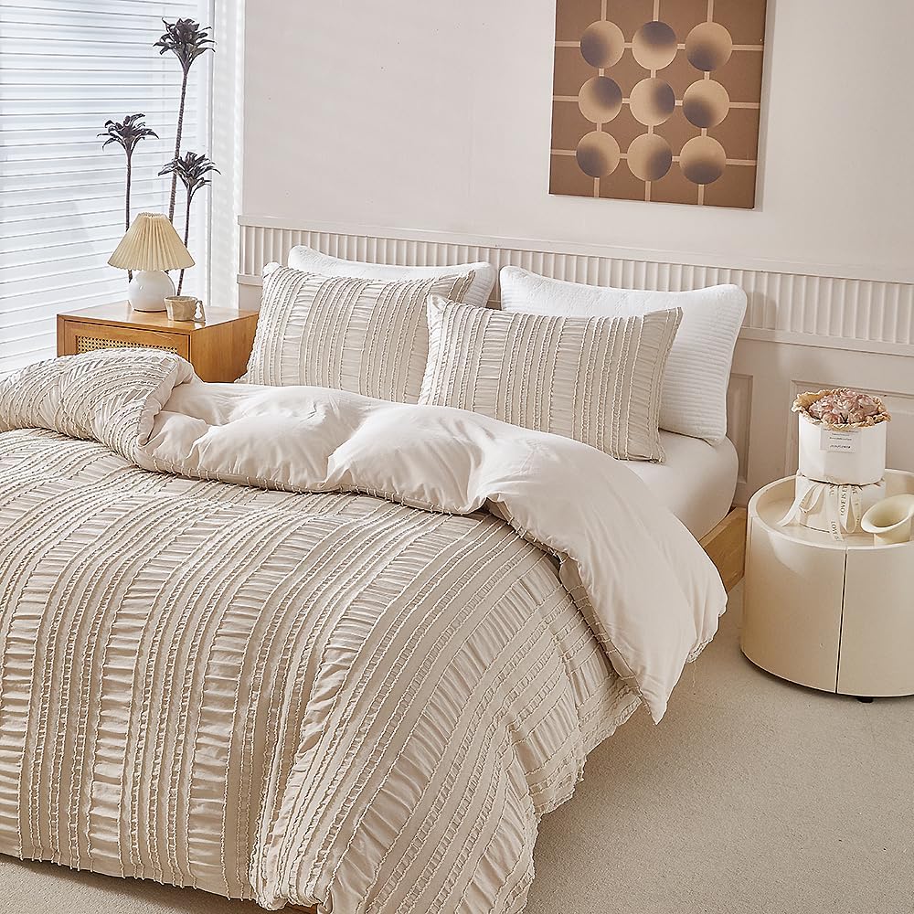 JOLUSERE Khaki Duvet Cover King Sets, 3 Pieces Soft Breathable Striped Textured Comforter Cover Set