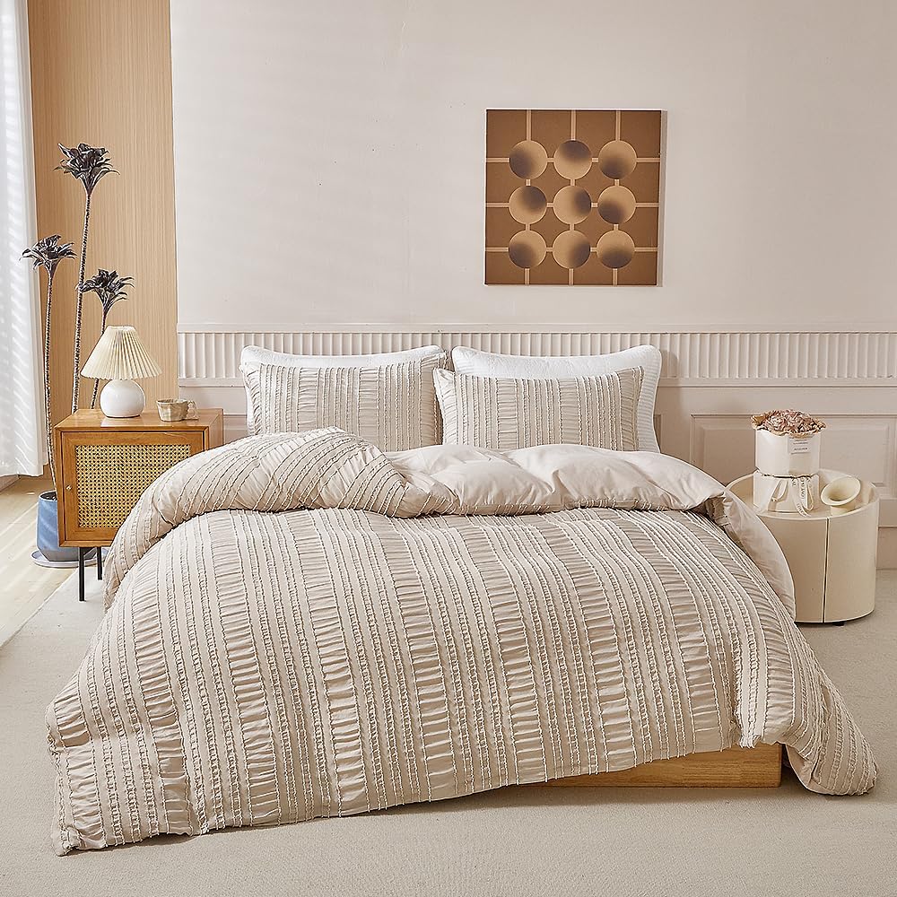 JOLUSERE Khaki Duvet Cover King Sets, 3 Pieces Soft Breathable Striped Textured Comforter Cover Set