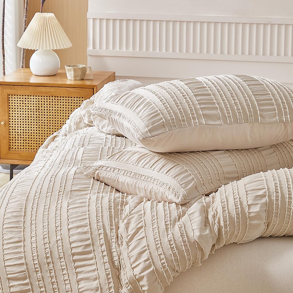 JOLUSERE Khaki Duvet Cover King Sets, 3 Pieces Soft Breathable Striped Textured Comforter Cover Set