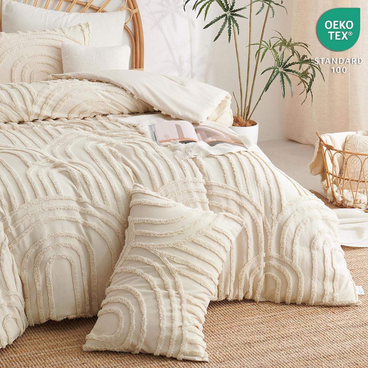 JOLUSERE 3 Piece Beige Tufted Duvet Cover Queen Set, Geometric Arch Pattern Shabby Chic Luxury Boho Bedding Set