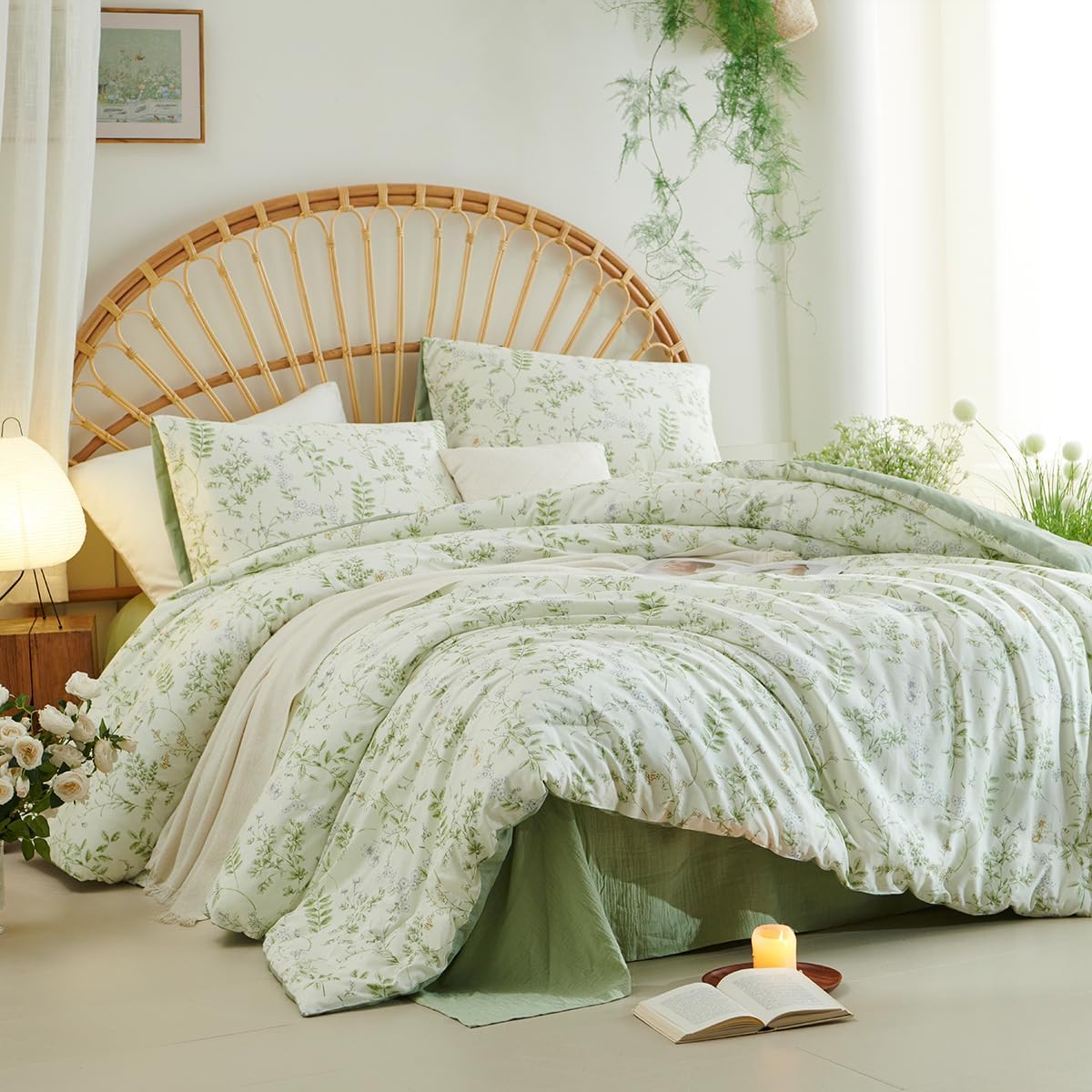 JOLUSERE Green Floral White Comforter Queen Sets, 3 Pieces Chic Garden Style Botanical Purple Floral Reversible Comforter for All Season