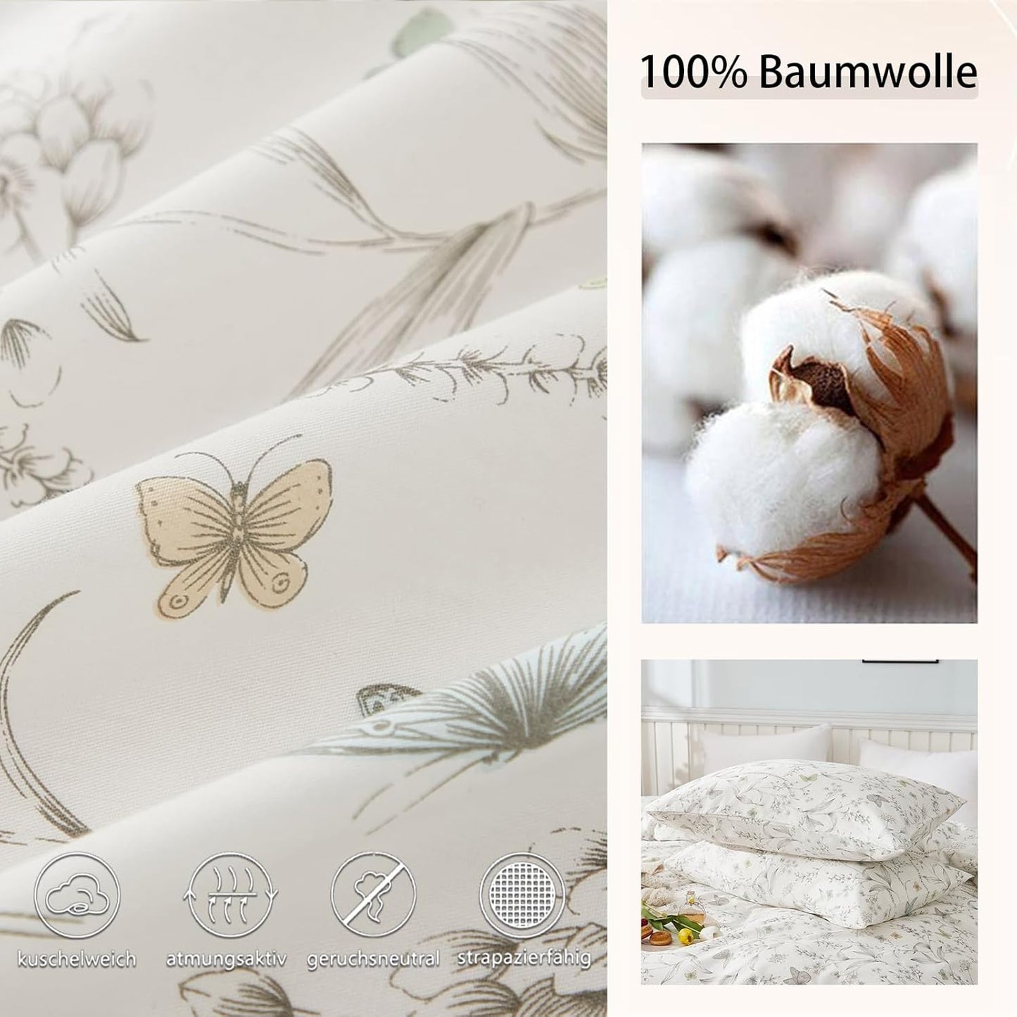 JOLUSERE 100% Cotton Duvet Cover White Floral Duvet Cover Set with Colorful Butterfly Pattern Full Size,Pearl White